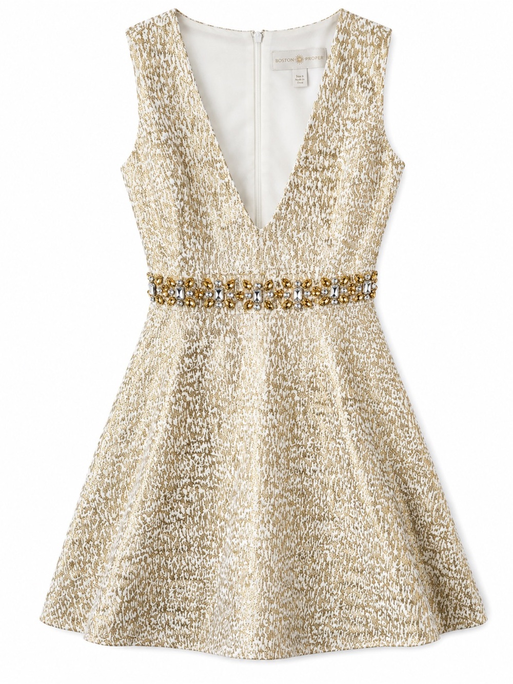 Boston Proper NWT Sz 6 Gold Metallic Jacquard Beaded Waist Mini Cocktail Dress